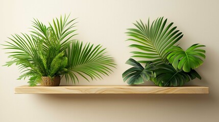 Obraz premium empty natural wooden shelf with lush green tropical leaves 