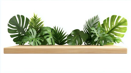 Obraz premium empty natural wooden shelf with lush green tropical leaves 
