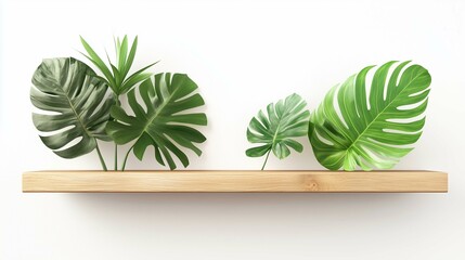 empty natural wooden shelf with lush green tropical leaves
