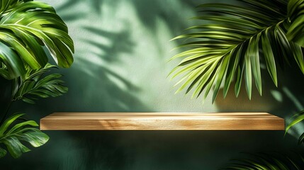 empty natural wooden shelf with lush green tropical leaves
