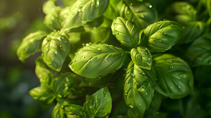 Dewy Green Basil Leaves in Sunlight