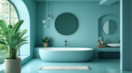 Modern bathroom with a freestanding bathtub, a large window, and a round mirror. The walls are painted a light blue color and there are plants in the room.