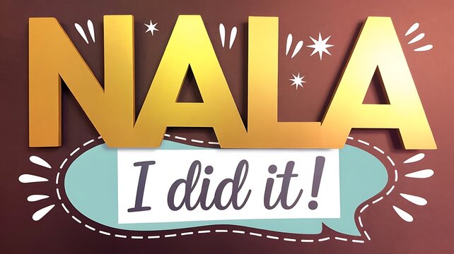 name nala in gold letters with phrase i did it! on brown background
