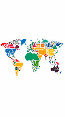 Obraz premium Colorful world map made of various icons representing different countries' culture.