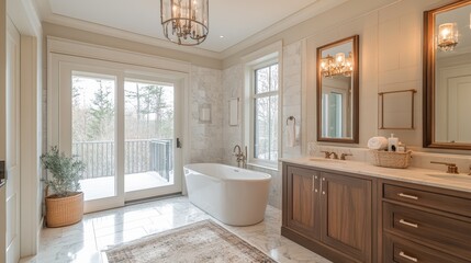 Fototapeta premium Modern bathroom with a white bathtub, wooden vanity, and a large window overlooking a patio.