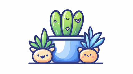 Cute potted cactus with two cartoon succulents.
