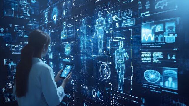 Medical technology future augmented reality background. Doctor surgeon interact 3D graphic user interface VFX hologram data patient brain record on touch screen, healthcare research network connection