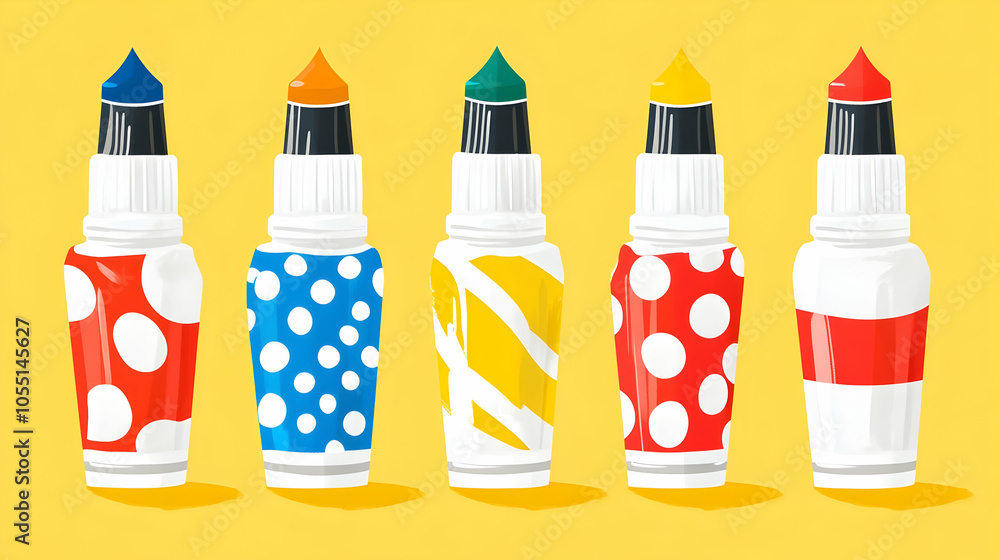 Poster five colorful markers with different patterns on a yellow background.