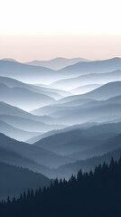 Misty mountain range at sunrise with a forest in the foreground.