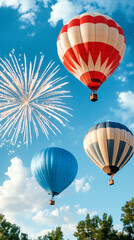 Obraz premium A captivating display of fireworks and hot air balloons illuminating the summer sky