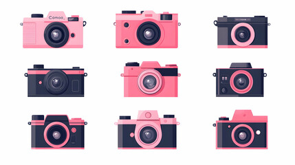 Nine illustrated cameras in pink and black colors.