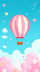 Pink hot air balloon flying above a whimsical landscape with fluffy clouds and flowers.
