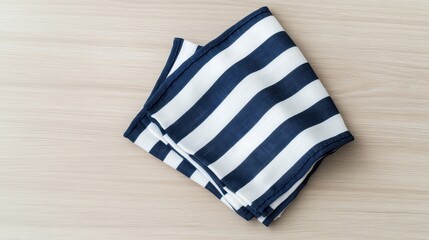 Obraz premium A classic navy blue and white striped handkerchief mockup laid flat on a light wood table surface