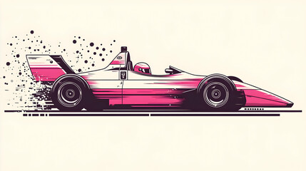 Pink and white race car with a driver, leaving a trail of dust behind it.