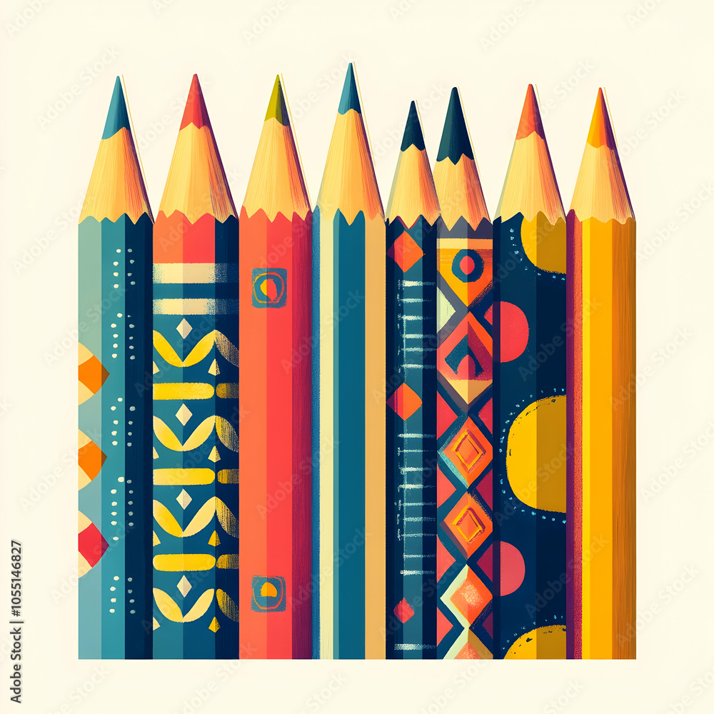 Poster a row of eight colorful pencils with geometric patterns.