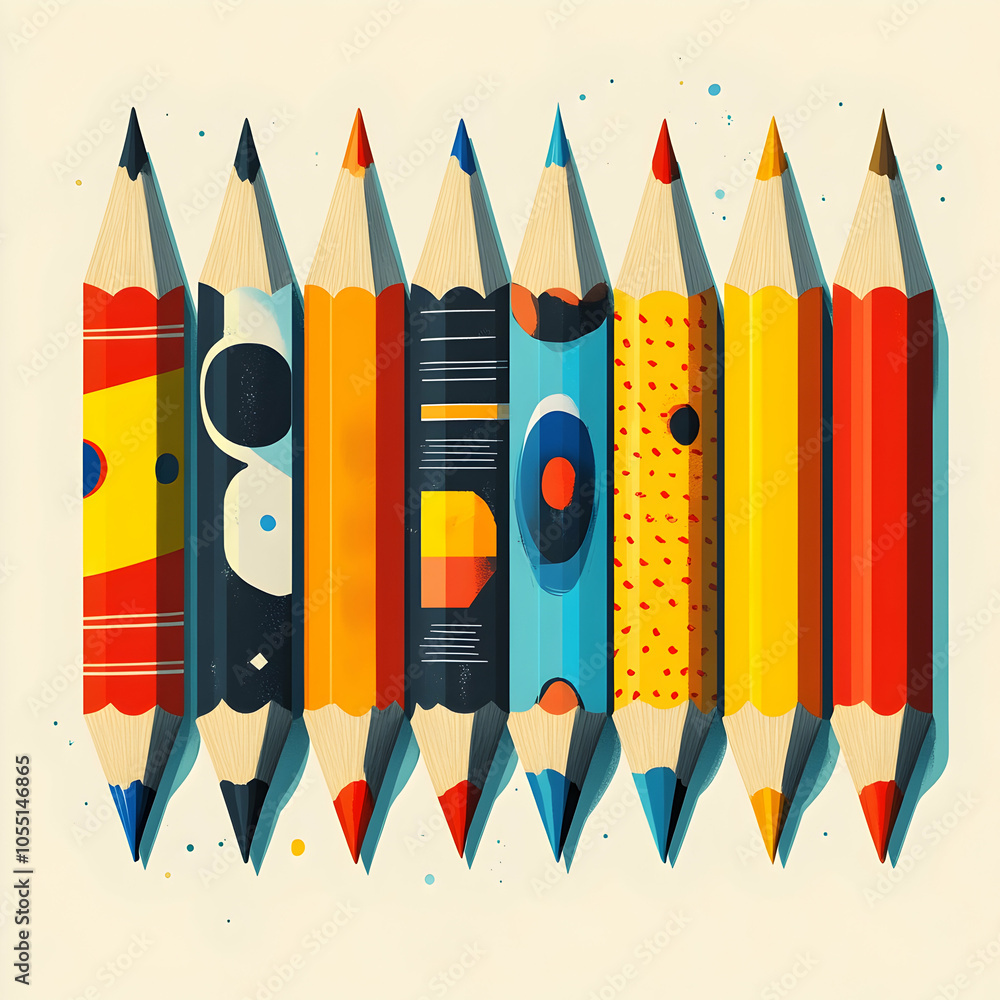 Poster a row of nine colorful pencils with geometric patterns on a white background.