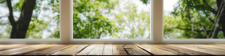 Blurred trees outside white window, wooden table top, product display, presentation mock-up style.