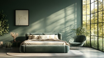 Modern bedroom with a large window, green walls, and a comfortable bed.