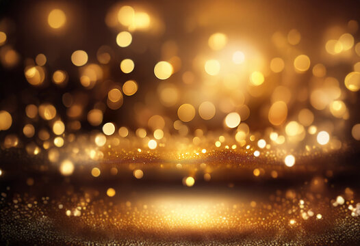 A dark background with a soft focus, golden bokeh lights, and shimmering glitter.