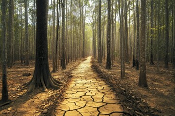 Pathway through dry forest with cracked ground