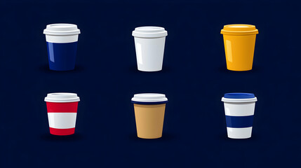 Six different coffee cups on a dark blue background.