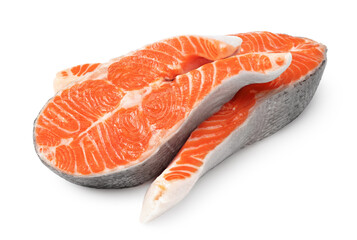slices of raw fish, salmon, trout, steak, isolated on white background, clipping path