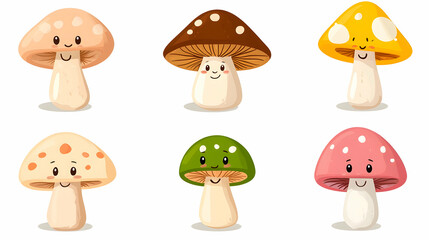 Six cute cartoon mushrooms with happy faces and different colors isolated on white background.