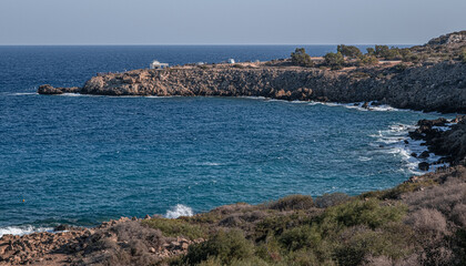 Konnos Bay Nature Trail, from Agioi Anargyroi Church to the Cyclops Cave and back, along the rugged coastline with beautiful sea and coast views, Cape Greco National Forest Park, Ayia Napa, Cyprus  