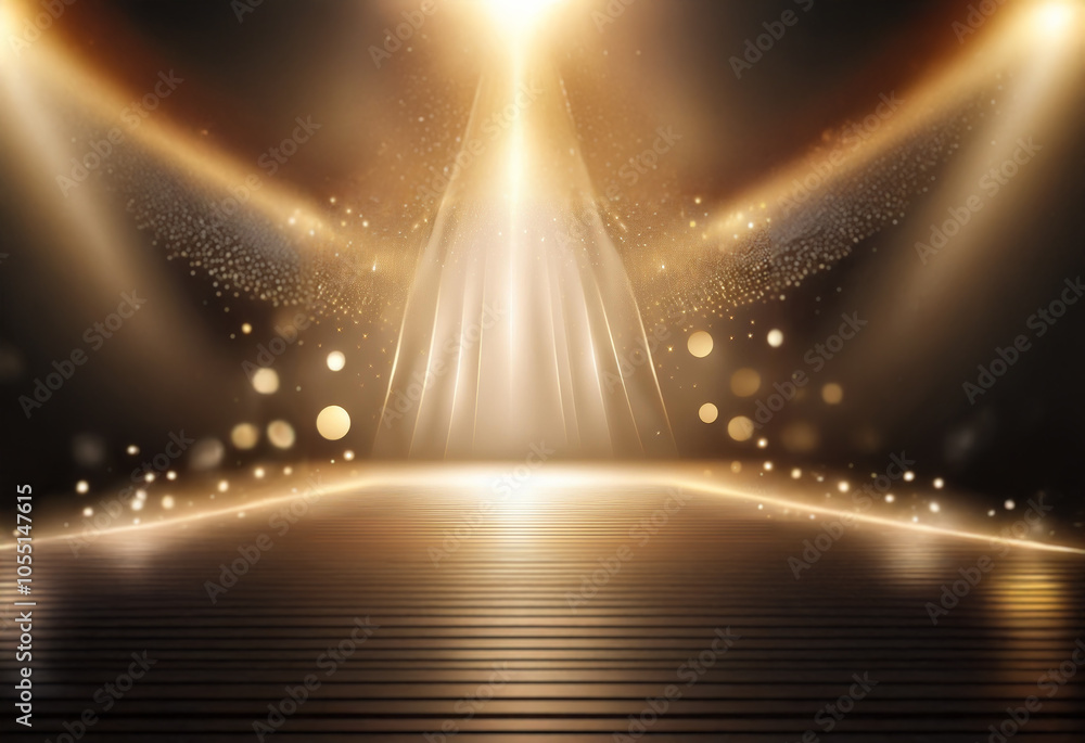 Poster a stage with golden steps is bathed in a spotlight with a dark background and bokeh.