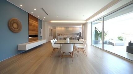 Fototapeta premium Modern dining room with glass table, white chairs, wooden floor, and large windows leading to a patio.