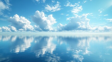 Serene ocean view with clouds reflecting on calm water surface.