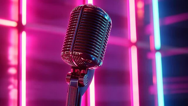 A vintage microphone stands in front of pink and blue neon lights