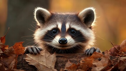 Fototapeta premium Raccoon sniffing through fallen leaves and branches, animal sniffing, foraging for insects and other forest food