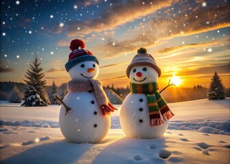 Cheerful Snowmen Silhouette in a Winter Wonderland - Holiday Decor, Snowy Landscape, Winter Scene, Christmas Cheer, Outdoor Fun, Family