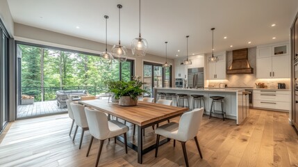 Fototapeta premium Modern kitchen and dining area with large windows overlooking a patio and backyard.