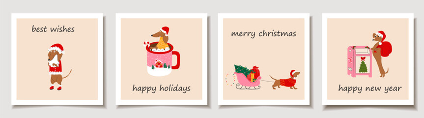 Set of Holiday cards with dachshund dogs with christmas decorations. Greeting cards.