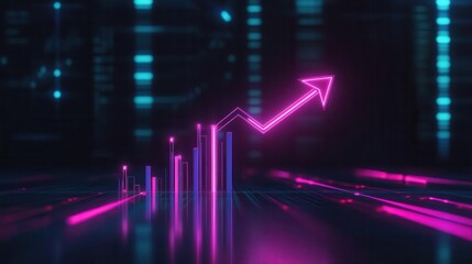 Dynamic neon graph arrow showing growth in a futuristic digital environment with vibrant colors and sleek design.