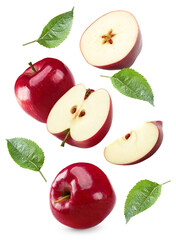 flying red apples with green leaves isolated on white background. clipping path