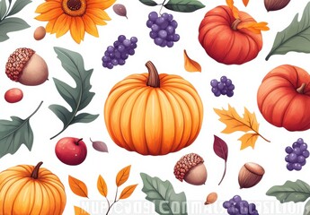 Seamless pattern of autumn pumpkins, leaves, and seasonal elements