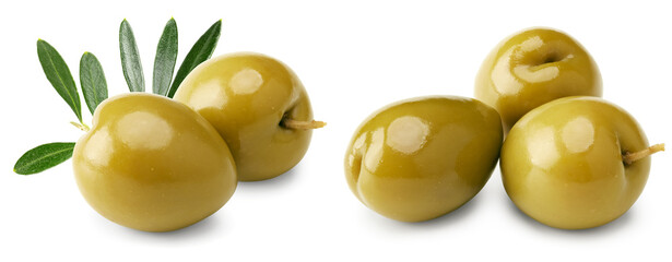 green olives with green leaves isolated on white background. clipping path