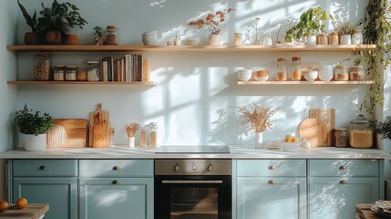 Modern kitchen interior with wooden shelves, light blue cabinets, and sunlight streaming through the window.