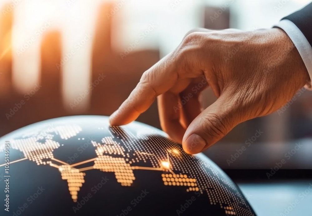 Poster hand touching glowing digital earth with global network and connectivity concept - business technolo