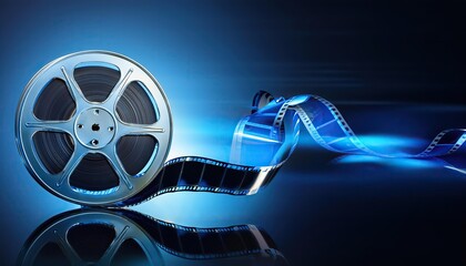 film reel wheel, Digital blue and black film strip background on blue gradient background