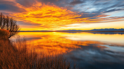 Fototapeta premium dramatic orange sunset over calm lake water and mountains in the distance