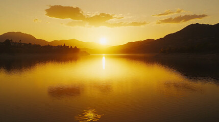 Obraz premium golden sunset over a calm lake with mountain silhouette in the background