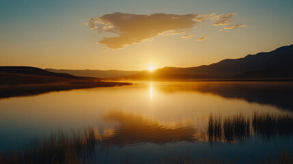 serene golden sunset over calm lake and mountain landscape in wyoming