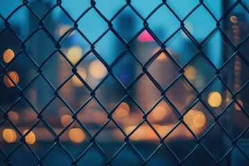 Fototapeta premium A close-up of a chain-link fence with blurred city lights in the background, symbolizing urban isolation, barriers, and the divide between freedom and confinement, with metallic reflections