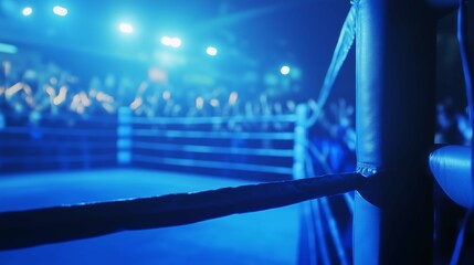 Obraz premium Empty boxing ring bathed in blue light, with a blurred crowd cheering in the background. 