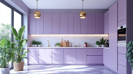 Fototapeta premium Modern kitchen with purple cabinets, a white countertop, and gold accents. Sunlight streams through the window, illuminating the space.