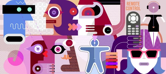 Modern art graphic illustration of Mass Mind Control. Large horizontal artwork of people exposed to information influence.